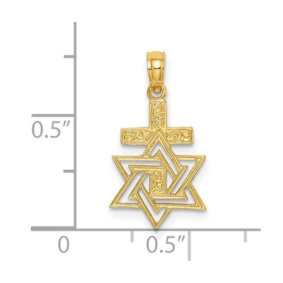14K Polished / Engraved Star Of David and Cross Charm
