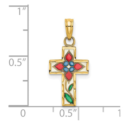 14K Enameled W/ Flower Cross Charm