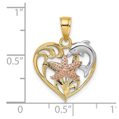 14K Two-tone w/White Rhodium Dolphin and Starfish In Heart Charm