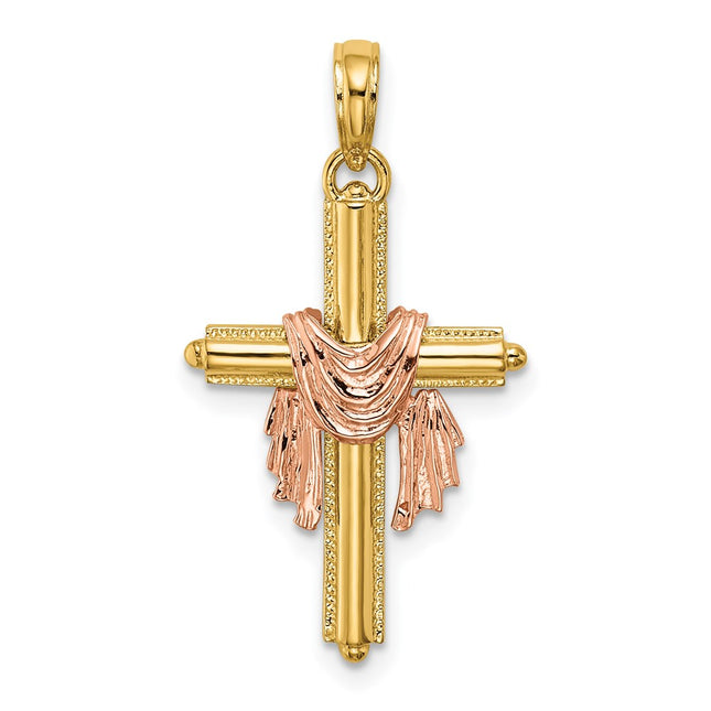 14K Two-Tone Cross w/ Drape Charm, 27.4 x 17mm