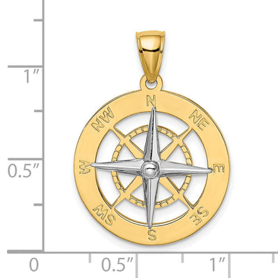 14K Nautical Compass w/White Gold Needle Charm, 29 x 22mm