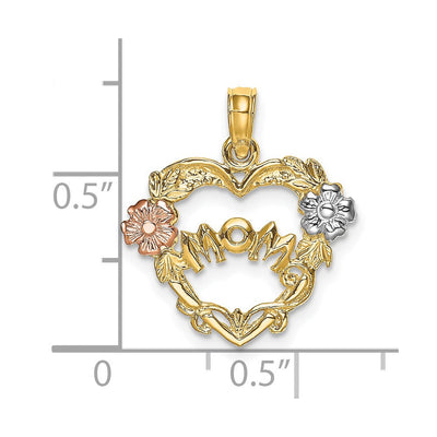 14K Two-tone w/White Rhodium Mom Heart w/Flower Charm, 18.6 x 17.4mm