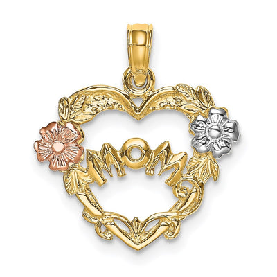 14K Two-tone w/White Rhodium Mom Heart w/Flower Charm, 18.6 x 17.4mm