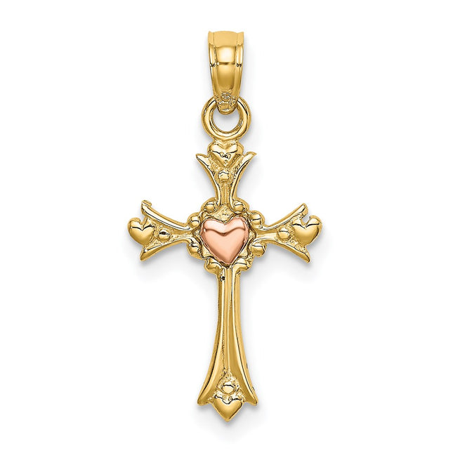 14k Two-Tone Cross w/ Heart Charm, 18.8 x 12mm