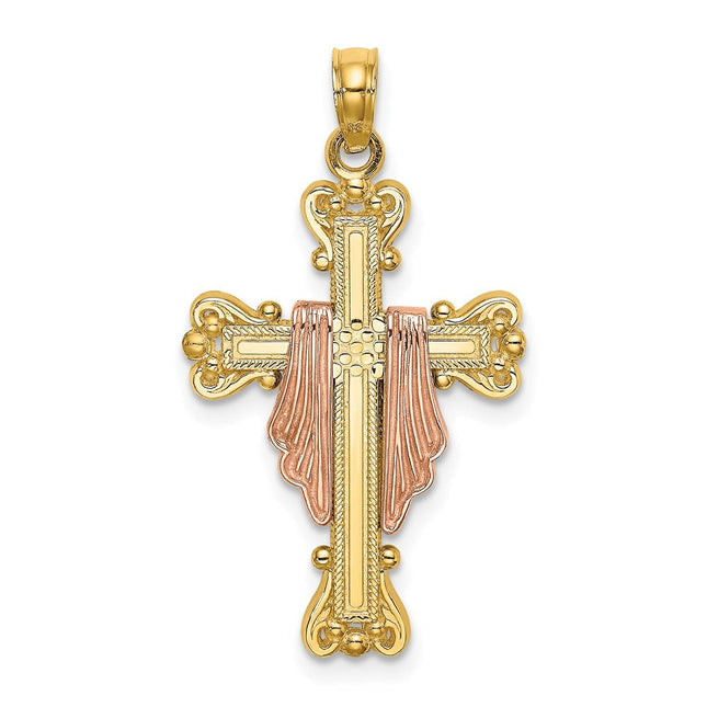 14K Two-Tone Cross w/ Drape Charm, 31.6 x 17mm