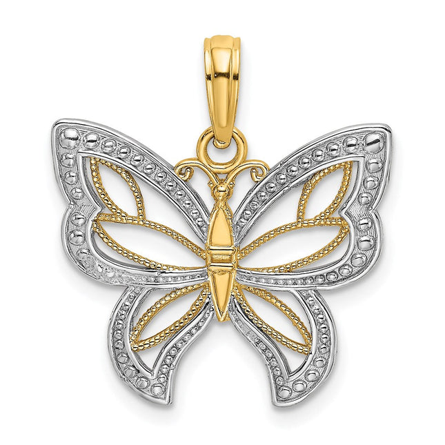 14k w/Rhodium Butterfly w/ White Beaded Wings Charm, 22.8 x 19.95mm