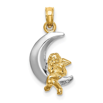 14K w/Rhodium 3-D Angel on Moon Charm
