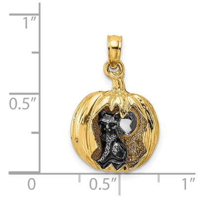 14K w/Rhodium 3-D Jack-o-Lantern w/Enameled Black Cat and Moon Charm