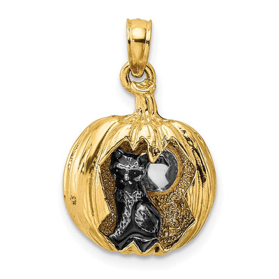 14K w/Rhodium 3-D Jack-o-Lantern w/Enameled Black Cat and Moon Charm