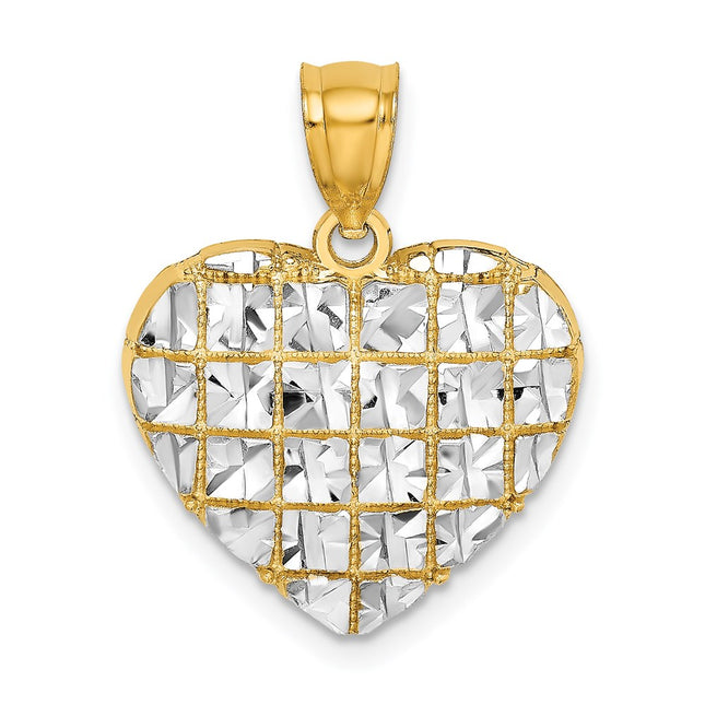 14k w/Rhodium Diamond-cut Heart Charm, 21.75 x 17.3mm