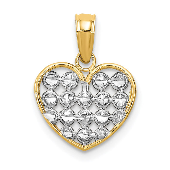 14k w/Rhodium Diamond-cut Heart Charm, 15.93 x 12.8mm