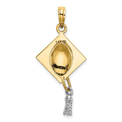 14K 3-D Graduation Cap w/ White Rhodium Moveable Tassle Charm