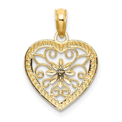 14K w/ Rhodium Textured Heart Flower Filigree Charm