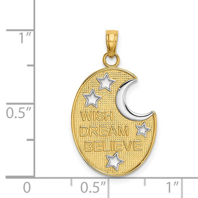 14K w/ Rhodium WISH DREAM BELIEVE Moon and Stars Charm