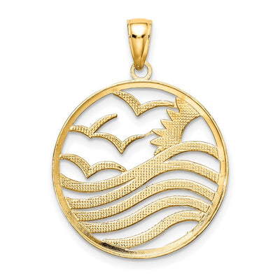 14K w/Rhodium Sunset and Seagulls In Circle Pendant