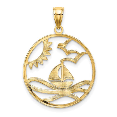 14K w/Rhodium Sun Sailboat Water Seagulls Circle Charm