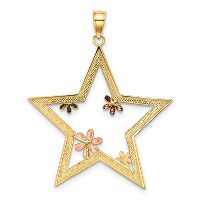14K Two-tone w/White Rhodium Star w/Flowers Charm