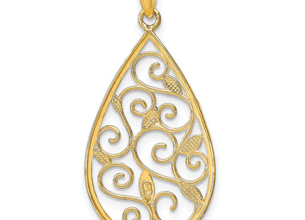 14K w/Rhodium Beaded Filigree D/C Teardrop Charm, 35 x 15mm
