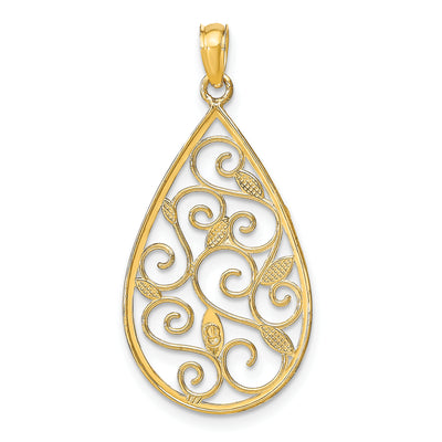 14K w/Rhodium Beaded Filigree D/C Teardrop Charm, 35 x 15mm