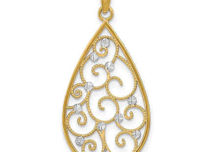 14K w/Rhodium Beaded Filigree D/C Teardrop Charm (Style K9479)