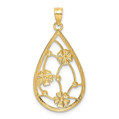 14K w/ White Rhodium Flowers In Teardrop Frame Charm