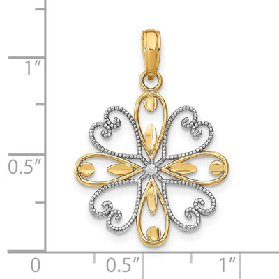 14K w/Rhodium Beaded Heart Petals Flower Charm