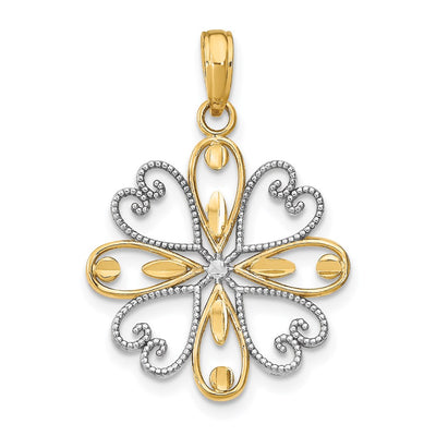 14K w/Rhodium Beaded Heart Petals Flower Charm