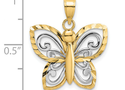 14k w/ Rhodium Diamond-cut Butterfly Charm, 19.7 x 18.6mm