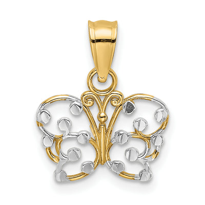 14K w/ Rhodium Diamond-cut Butterfly Charm, 12.6 x 12.8mm