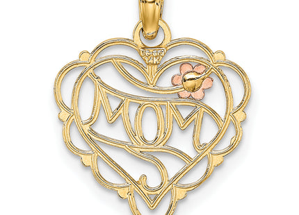 14k Two-tone w/White Rhodium Mom Heart w/Flower Charm, 20.3 x 16.2mm