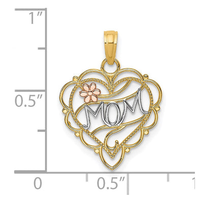 14K Two-tone w/White Rhodium Mom Heart w/Flower Charm, 20.3 x 16.2mm