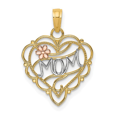 14K Two-tone w/White Rhodium Mom Heart w/Flower Charm, 20.3 x 16.2mm