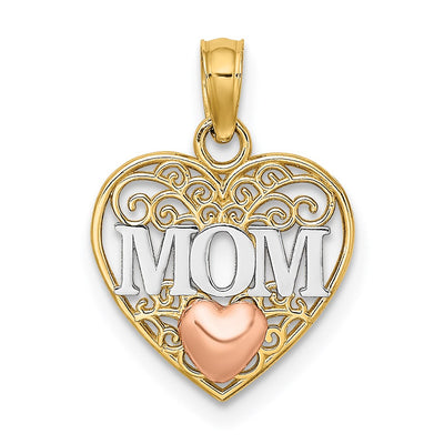 14K Two-tone w/White Rhodium Polished MOM in Heart Pendant