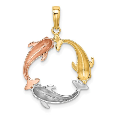 14K Tri-color Triple Dolphin Circle Pendant