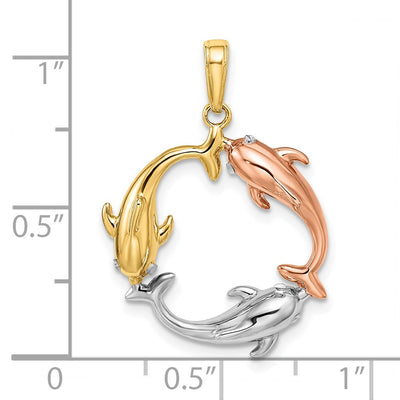 14K Tri-color Triple Dolphin Circle Pendant