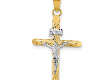 14K w/White Rhod Polished & Textured INRI Crucifix Cross Pendant (Style K9965)
