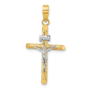 14K w/White Rhod Polished & Textured INRI Crucifix Cross Pendant (Style K9965)