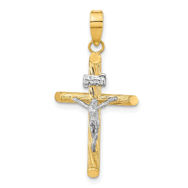 14K w/White Rhod Polished & Textured Inri Crucifix Cross Pendant, 32.9 x 16.25mm