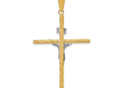 14K w/White Rhod Polished & Textured Inri Crucifix Cross Pendant, 59.7 x 31.75mm