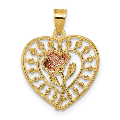14K Two-tone Diamond-cut Polished Rose In Heart Pendant