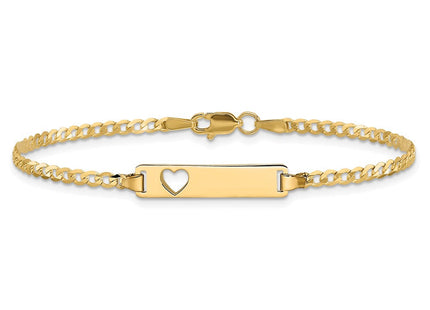 14k Polished Solid Chain/Solid Plate Curb Link Cut-out Heart Plate ID Bracelet (Style LID10-7)