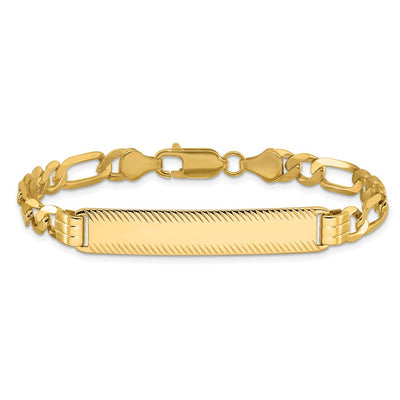 14K Polished Solid Chain/Solid Plate Figaro Link Diamond-cut Plate ID Bracelet, 7 x 5mm