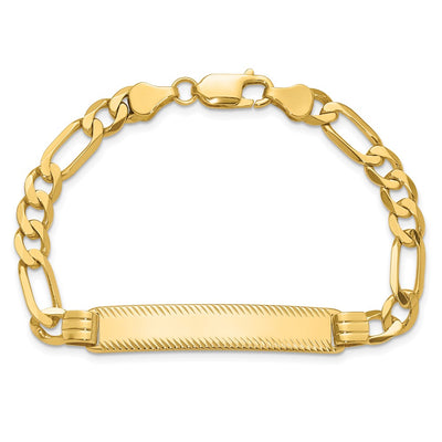 14K Polished Solid Chain/Solid Plate Figaro Link Diamond-cut Plate ID Bracelet, 7 x 5mm