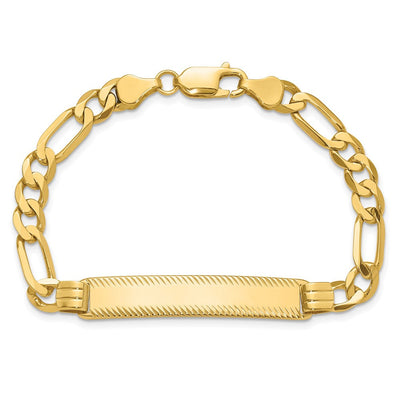 14K Polished Solid Chain/Solid Plate Figaro Link Diamond-cut Plate ID Bracelet, 7 x 7.5mm