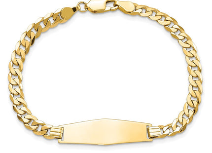 14k Polished Solid Chain/Solid Plate Flat Curb Link Soft Diamond Shape 28x9. Plate ID Bracelet (Style LID74C-7)