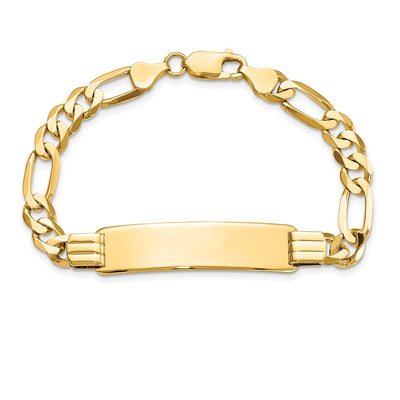 14K Polished Solid Chain/Solid Plate Flat Figaro Link Plate ID Bracelet