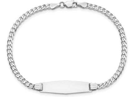 14k White Gold Polished Solid Chain/Solid Plate Flat Curb Link Soft Diamond Shape 24.5x7. Plate ID Bracelet (Style LID83CW-7)
