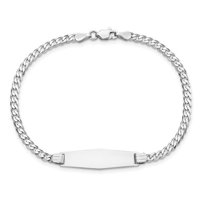 14K White Gold Polished Solid Chain/Solid Plate Flat Curb Link Soft Diamond Shape 24.5x7.5mm Plate ID Bracelet