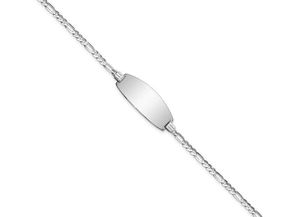 14k White Gold Polished Solid Chain/Solid Plate Figaro Link Oval 24x10. Plate ID Bracelet (Style LID87W-7)