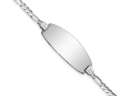 14k White Gold Polished Solid Chain/Solid Plate Figaro Link Oval 24x10. Plate ID Bracelet (Style LID87W-7)
